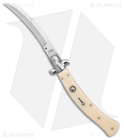 AKC World Curved Stiletto Ivory Automatic Knife - Satin Plain
