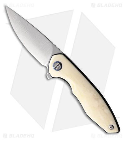 Bestech Knives Bambi Flipper Knife Ox Bone/Blue Ring (3.1" Blasted Damascus)