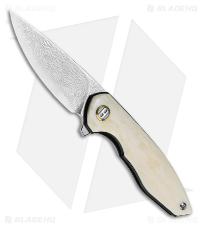 Bestech Knives Bambi Flipper Knife Ox Bone/Gold Ring (3.1" Polished Damascus)