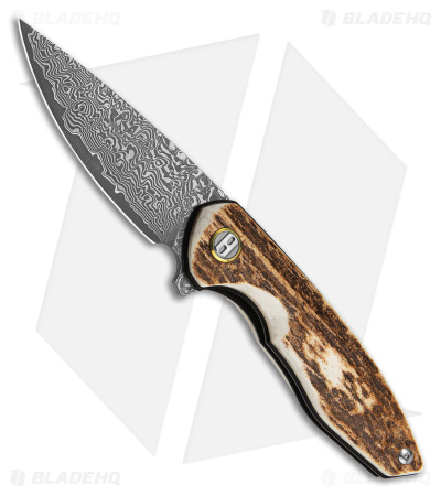 Bestech Knives Bambi Flipper Knife Stag/Gld ring (3.1" Etched Damas)*DISCOUNTED*