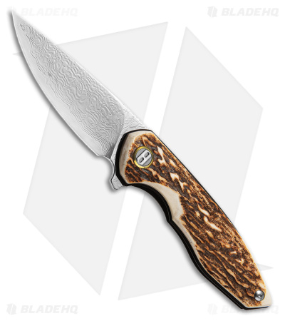 Bestech Knives Bambi Flipper Knife Stag/Gold Ring (3.1" Polished Damascus)