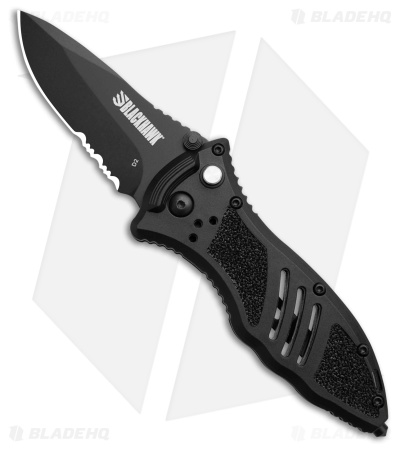 BLACKHAWK CQD Small Button Lock Knife Black FRN (3" Black PVD Serr)