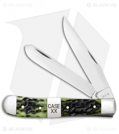 Case Trapper Pocket Knife Peach Seed Jig Olive Green Bone (6254 SS)