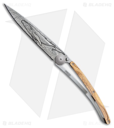 Deejo Whale 37g Frame Lock Knife Olive Wood/Steel (3.75" Satin)