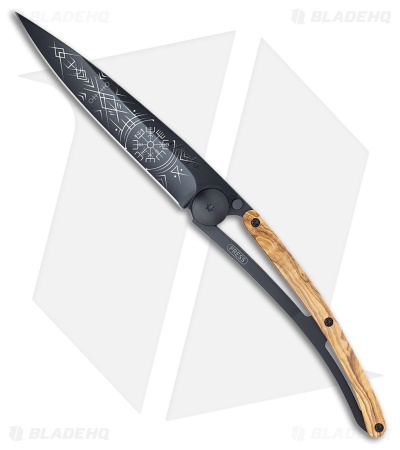 Deejo Viking 37g Frame Lock Knife Olive Wood/Black Steel (3.75" Black)