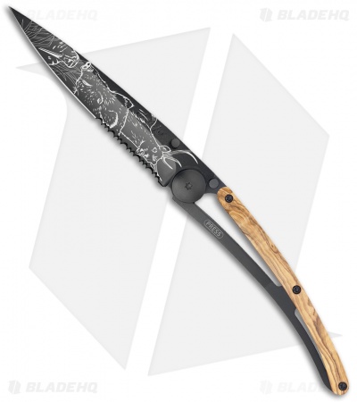 Deejo 37g Hunting Ultra-Light Serrated Liner Lock Knife Olive Wood (3.75" Black)