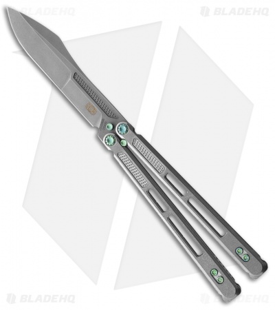 EOS Trident Balisong Butterfly Knife Gray Titanium w/ Green (4.5" SW S30V)