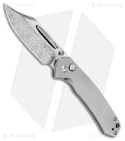 CJRB Cutlery Pyrite Bowie Button Lock Knife Gray Titanium (3.1" Damascus)