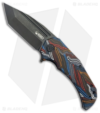Kubey Bravo One  Tanto Liner Lock Knife Multicolor G-10 (3.39" Black Stonewash)