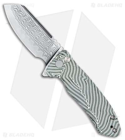 Kubey Creon Button Lock Knife White/Green G-Mascus (2.87" Damascus) KU336A