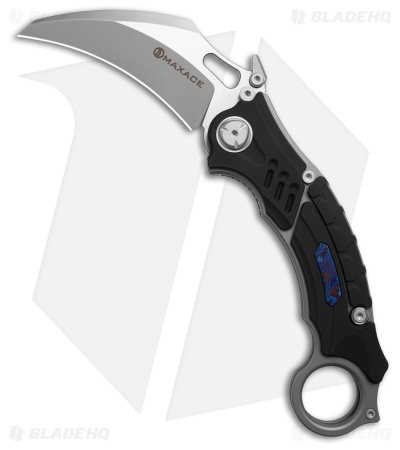 Maxace Raptor Magnacut Linerlock Knife Black  Ti w/ Blue Tim  (3" Hawkbill) M10B