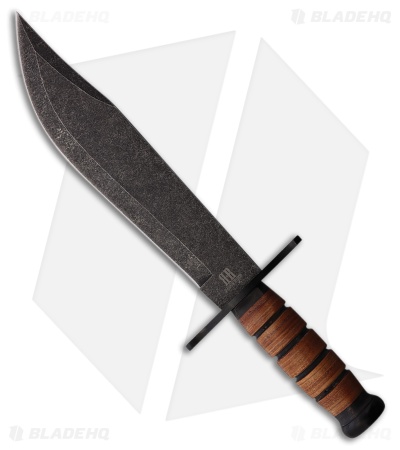 Rough Ryder Combat Bowie Fixed Blade Knife Stacked Leather (9.5" Black SW)