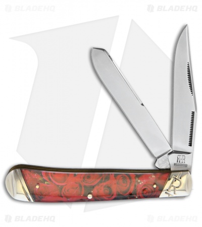 Rough Ryder Trapper Knife 3.12" Red Roses Acrylic