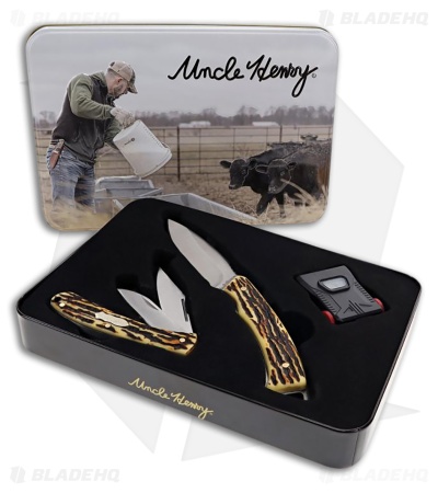 Schrade Uncle Henry Fixed and Folder Knife Set Staglon Handle Hat Light (Satin)