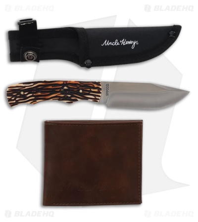 Schrade Uncle Henry Fixed Blade W Wallet Combo - Brown Staglon