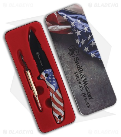 Smith & Wesson Fixed Blade and Bullet Folder Set - American Flag Handle