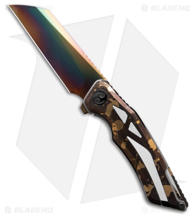 Dew Hara Custom Ray Liner Lock Knife Brass Splash w/ MOP Inlay (3.5" Prism DLC)