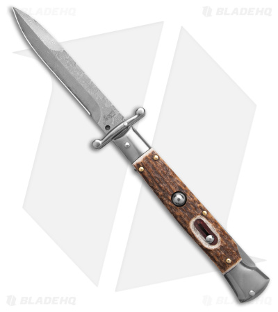 Italian Style Stiletto Swinguard Automatic Knife Stag Horn w/Clip (4" Damascus)
