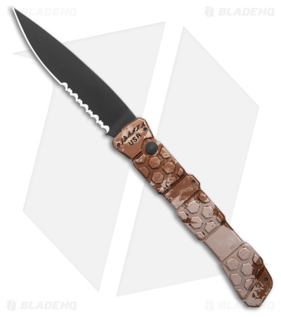Piranha 21 Tactical Automatic Knife Tan Camo Aluminum (3.4" Black Serr)