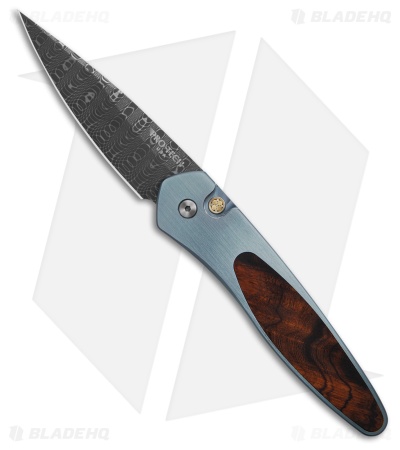 Pro-Tech Newport Automatic Blue Titanium/Desert Iron Wood(3" Damascus)*DISC*