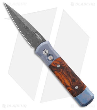 Pro-Tech Godson Auto Knife Brown Titanium/Blue Wood Damascus