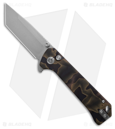 QSP Grebe Button Lock Tanto Knife Brown Camo Resin (3.25" SW S35VN) QS148-F1