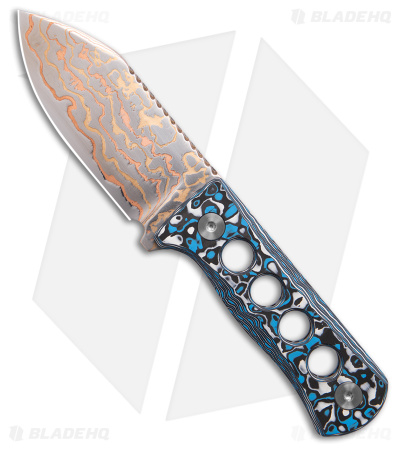QSP Canary Neck Knife Fixed Blade White/Blue Carbon Fiber (2.5" Copper Damascus)