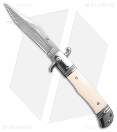 9" CZ Bolster Release Automatic Knife White Bone (4" Damascus Print)