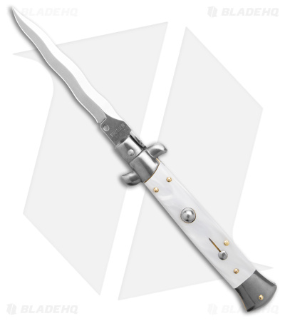 Frank B 9" Italian Stiletto Automatic Knife White Pearlex (4" Satin Kriss)