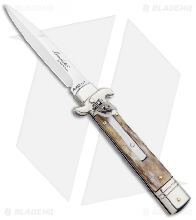 AKC Leverletto 7.75" Lever Lock Auto Italian Knife Honey Horn (3.25" Satin Bayo)