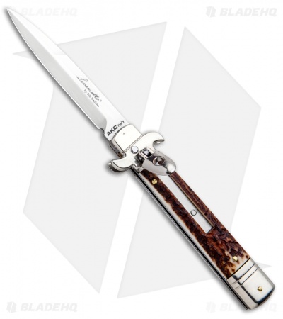 AKC Leverletto 7.75" Lever Lock Auto Italian Knife Stag (3.25" Satin Bayo)