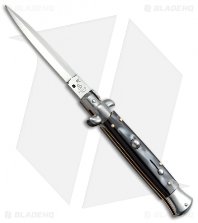 SKM AB 9" Italian Stiletto Automatic Knife Sim Dark Horn (3.8" Satin Dagger)