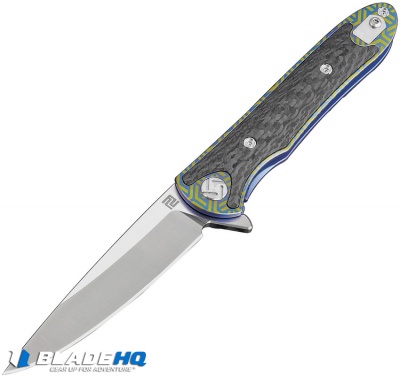Artisan Cutlery Shark Liner Lock Knife Gold/Blue Carbon Fiber/Ti (4" Stonewash)