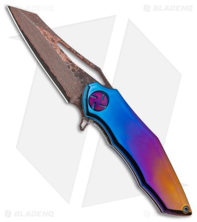 Dew Hara Custom Kisaragi Flipper Knife Aurora Titanium (2.6" Copper Damascus)