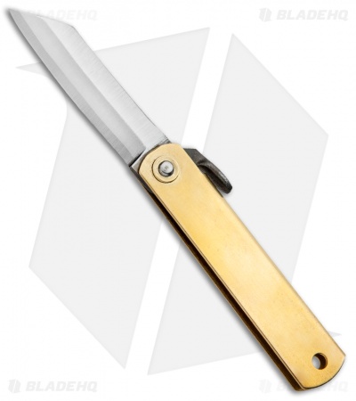 Nagao Higonokami Friction Folding Knife Brass (2" Blue Paper Steel) Tan Sheath