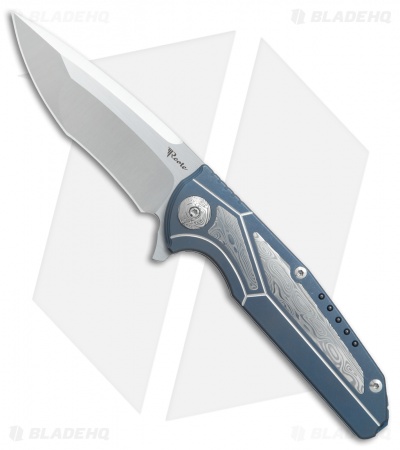 Reate K-4 Frame Lock Flipper Knife Blue Ti/Damascus (3.75" Satin)