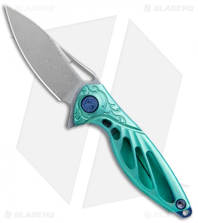 Rike Knife Hummingbird Mini Flipper Knife Green Titanium (1.5" Damascus)