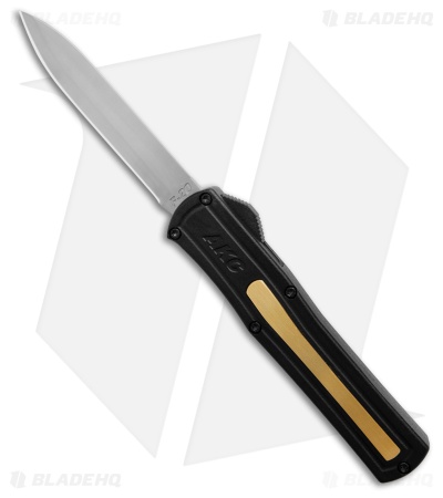 AKC World F-20 D/A Spear Point OTF Knife Black + Brass Inlay (3.6" Satin)