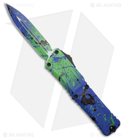 Microtech Combat Troodon Gen III D/E OTF Green Mamba/Blue Al (4" Black Splatter)