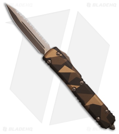 Microtech Ultratech D/E OTF Knife GEO Tan Camo Aluminum (3.4" Bronze/Full Serr)