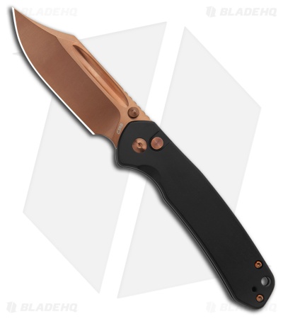 CJRB Cutlery Pyrite Bowie Button Lock Knife Black Steel (3.1" Rose Gold)