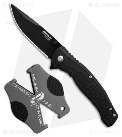 Bear Edge Brisk 2.0 Spring Assisted Liner Lock Knife Black w/Sharpener Combo Set