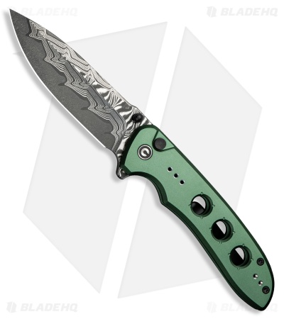 CIVIVI Hyperpulse Button Lock Knife Green Aluminum (3.5" Damascus)