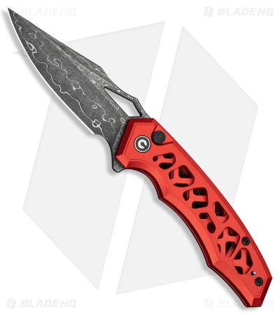 CIVIVI Anaaki Button Lock Knife Skeletonized Red Aluminum (3" Damascus)