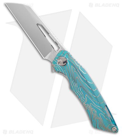 Dew Hara Custom Ray Liner Lock Knife Green/Silver TOPO Ti (3.5" Mirror M390)