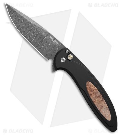Pro-Tech Custom Cambria Knife Black Aluminum + Maple Burl (3.5" Damascus)