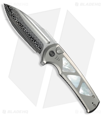 WE Knife Co. Sylox Button Lock Knife Polished/BB Ti + MOP (3.8" Damasteel)