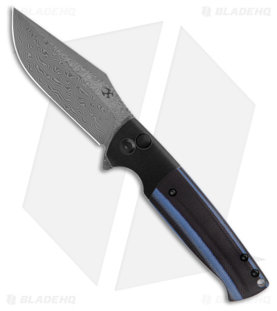 Kansept Shikari Button Lock Knife Black/Blue Ti + G-10 (3.36" Damascus)