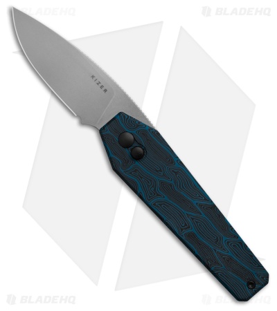 Kizer Tomb Button Lock Knife Blue/Black Damascus G-10 (3.2" SW Nitro-V) V3692A3