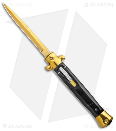 Mago 11" Italian Stiletto OTF Automatic Knife Black Acrylic (4.75" Gold Bayonet)